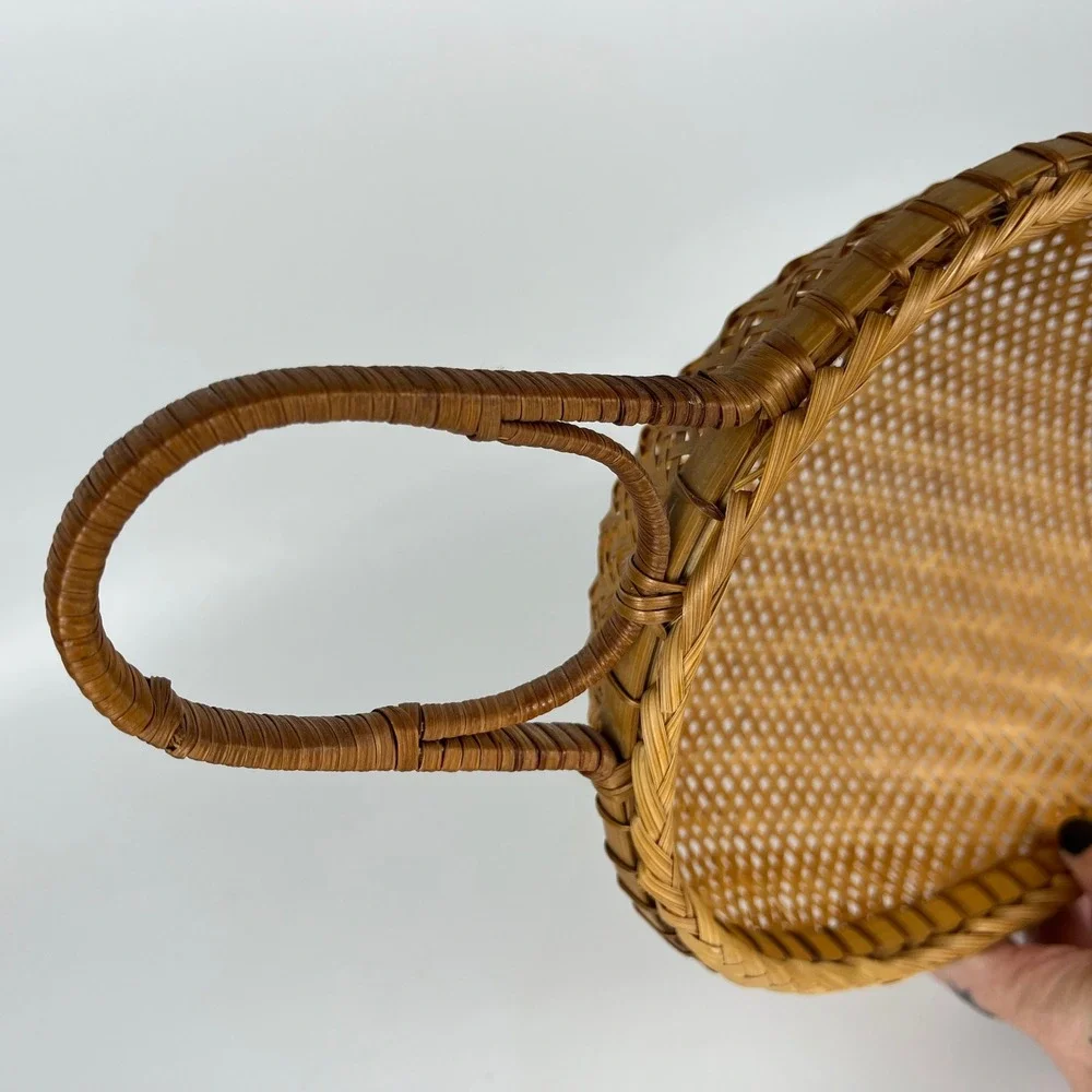 Vintage Woven Wicker Rattan Fruit‎ Basket Serving Tray with Handle No Stand